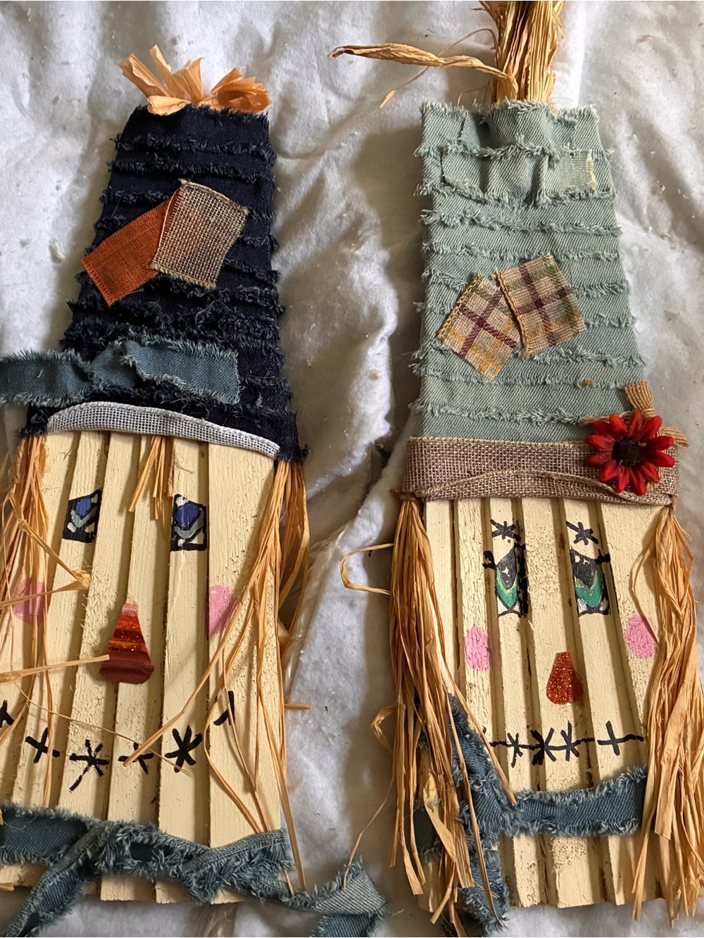 Handcrafted Scarecrow Wall Art Pair - Blue and Green Accents